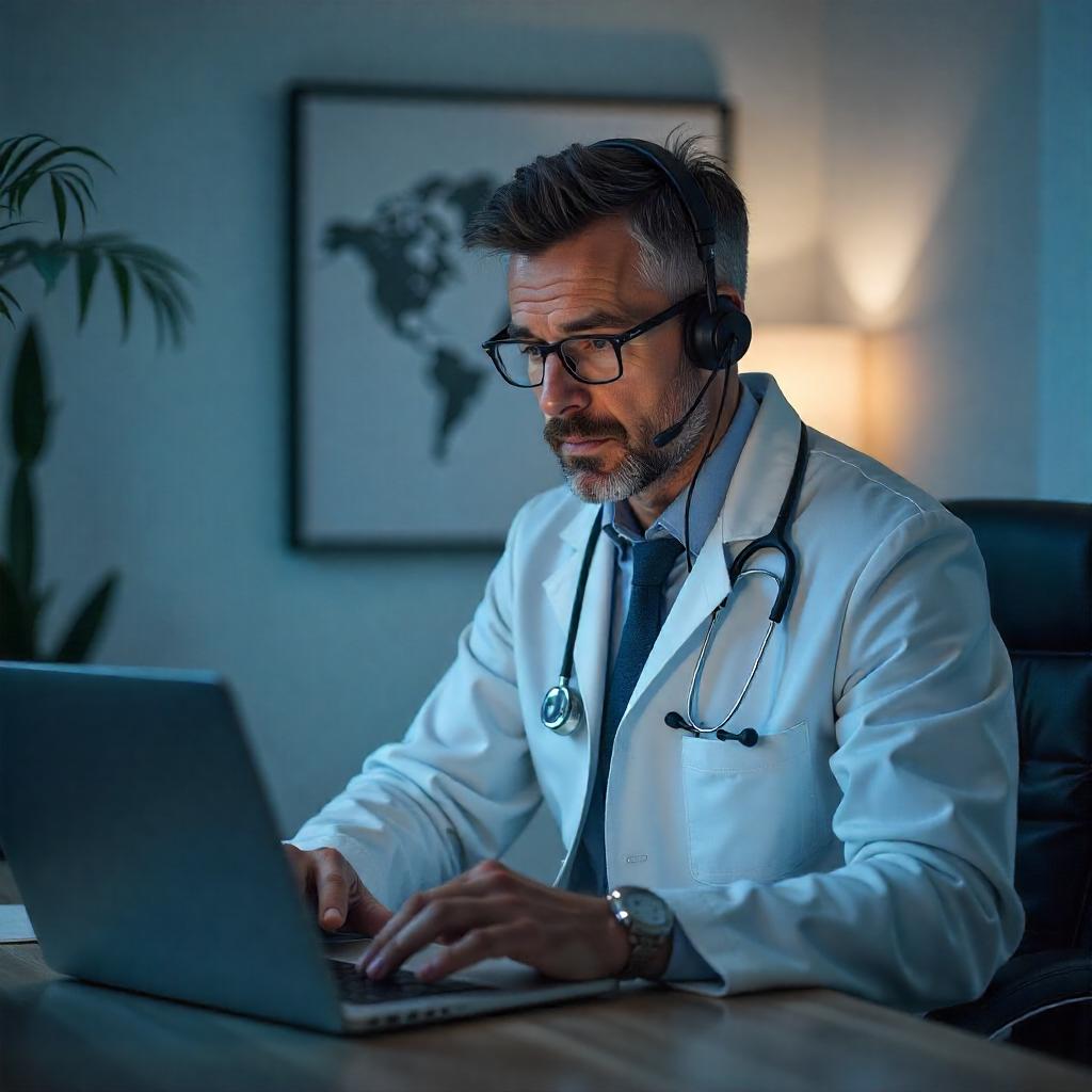 Arzt führt Videosprechstunde per Laptop durch – moderne Telemedizin nach den neuen Vorgaben 2025. Doctor conducting a video consultation via laptop – modern telemedicine under the new 2025 regulations